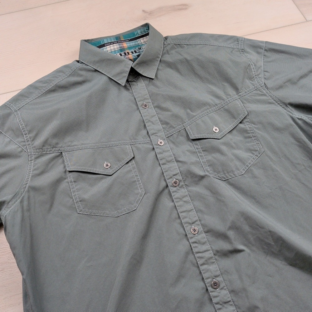 Kuhl Eluxur Mens XL Sage Green Micro Check Short Sleeve Button Down Shirt